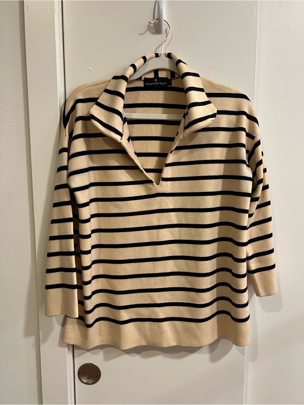 Pomander Place Cream and Navy Striped V-Neck Polo Sweater